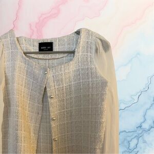 Cream Tweed Blouse with Sheer Long Sleeves